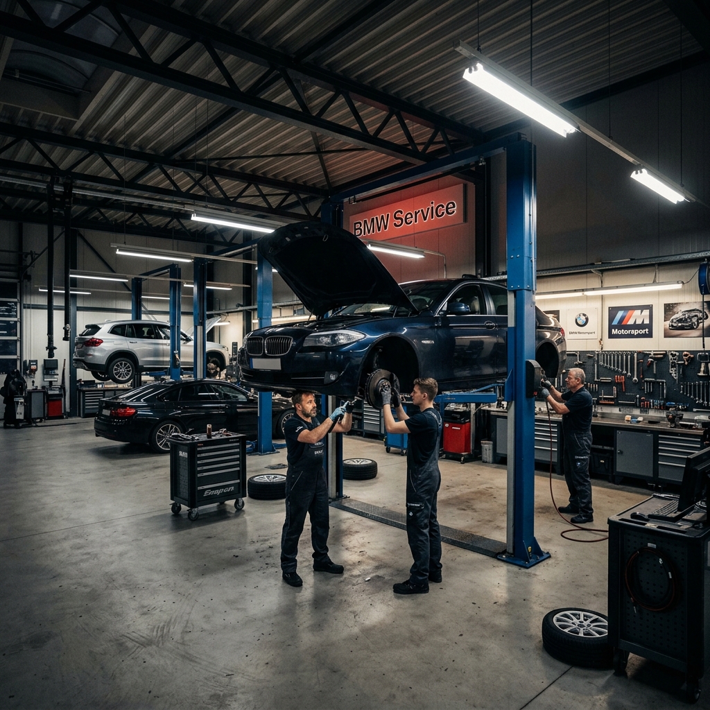 L'équipe Bimmer Service au travail sur un pont élévateur